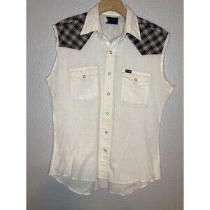 Wrangler Western Shirt Men L White Blue Pearl Snap Sleeveless Grunge Cutoff Work